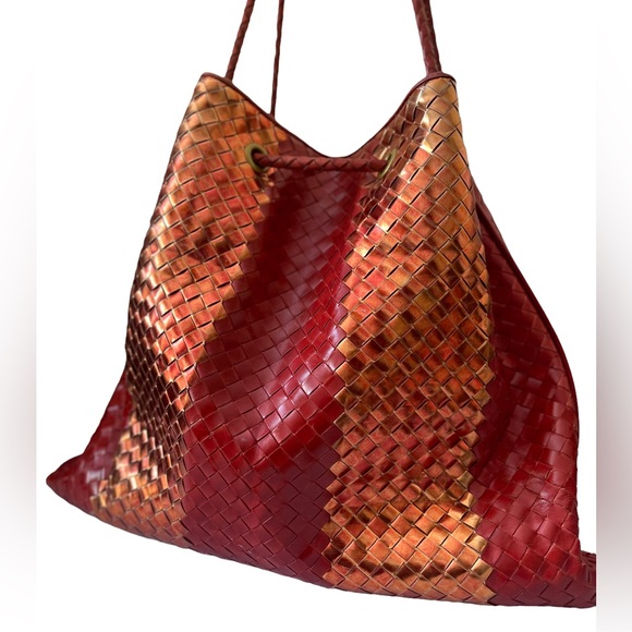 Bottega Veneta Handbags - Bottega Veneta Metallic Red Liquid Stripe Intrecciato Leather Oversized Tote Bag
